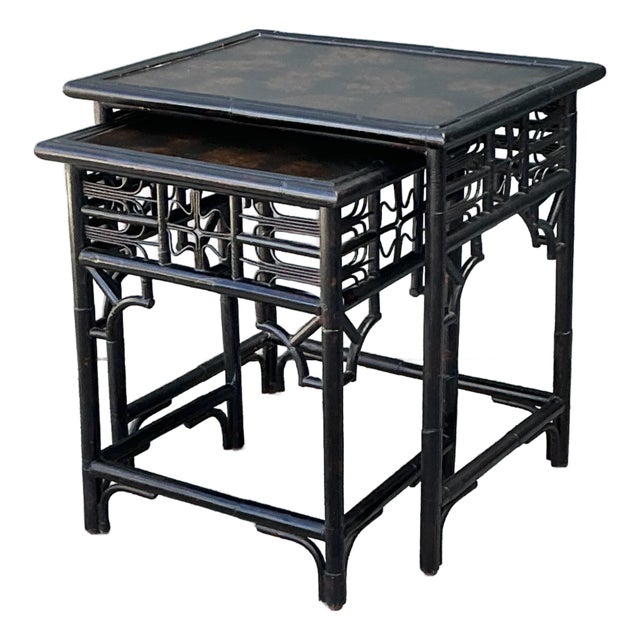 Vintage Fretwork Rattan Nesting Tables - Set of 2 For Sale