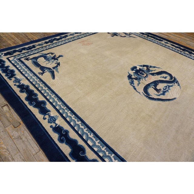 1890s Ivory Blue Open Antique Chinese Peking Dragon Carpet 10'2"x12'8" Wool Rug For Sale - Image 4 of 8