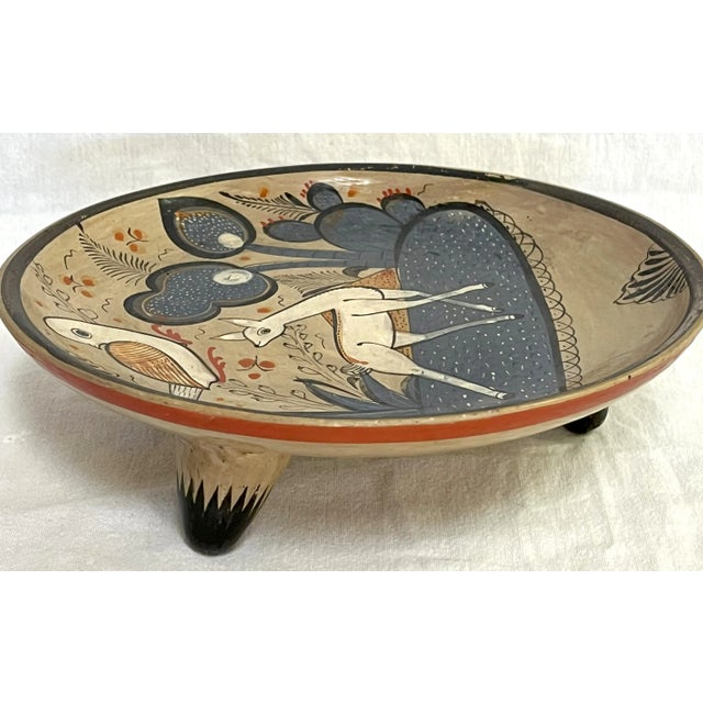 Greige Vintage Mexican Hand Painted Folk Art Pottery Footed Dish For Sale - Image 8 of 12