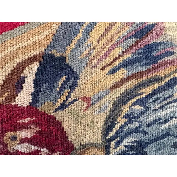 French Provincial Vintage French Aubusson Style Red Parrot Tapestry Pillow With Velvet Back For Sale - Image 3 of 6