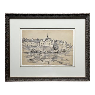 Framed Ink Sketch-Nemours, France-Signed-1950's For Sale