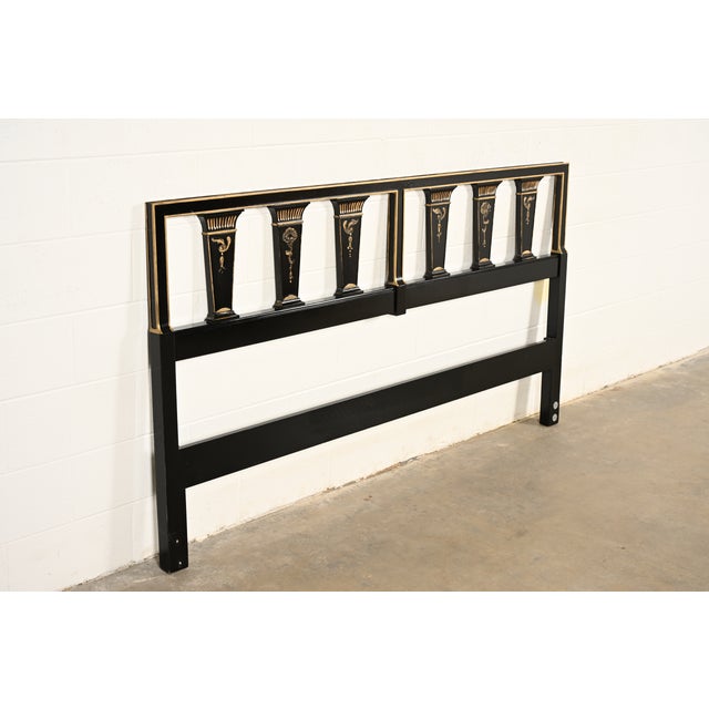 John Widdicomb John Widdicomb Mid-Century Hollywood Regency Black Lacquered and Gold Gilt King Size Headboard, Circa 1950s For Sale - Image 4 of 12
