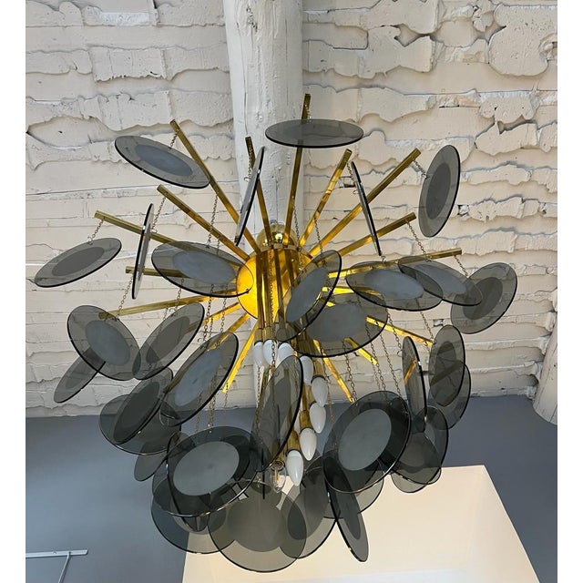 Metal Large Chandelier in Brass with Smoked Murano Glass Discs For Sale - Image 7 of 9