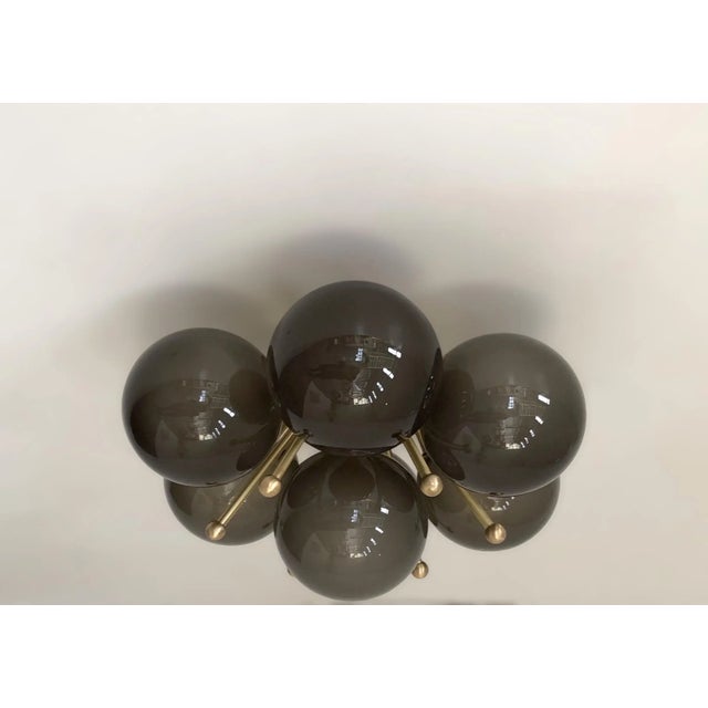 Italian flush mount with Frosted Smoky Murano glass globes mounted on solid brass frame in Satin Brass finish 7 lights /...