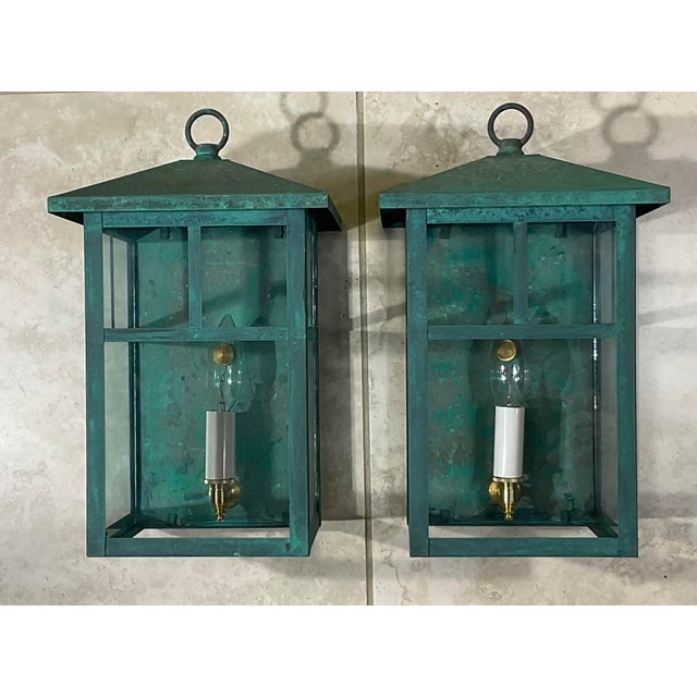 Vintage Pair of Solid Brass Outdoor Wall Lanterns – 13”h X 7”.5w X 7”.5d For Sale - Image 9 of 18