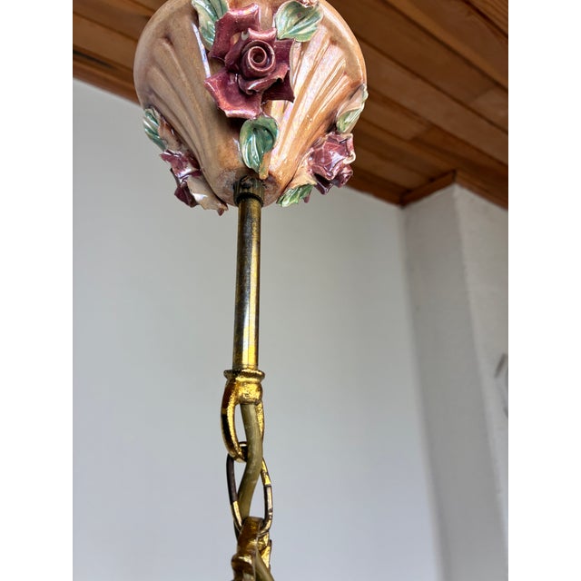 1970s ⁠1970s Vintage Italian Pink Murano Ruffled Glass and Ceramic Rose Chandelier⁠ For Sale - Image 5 of 17