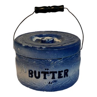 Antique Mid 19th Century Blue Salt Glaze Butter Crock with Lid & Handle For Sale