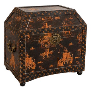 Vintage Chinoiserie Velvet-Lined Architectural Keepsake Chest With Brass Hardware For Sale
