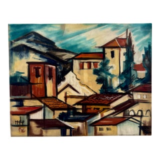 Henry Emil Salloch Original Pastel on Paper Mid-Century Cubist Village, 1961. For Sale