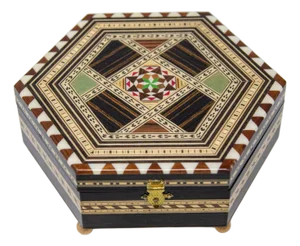 Mosaic Marquetry Moorish Octagonal Footed Music Box Granada Spain 1950