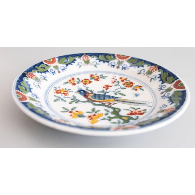 Chinoiserie Vintage Dutch Delft Faience Polychrome Floral Bird Wall Charger Plate For Sale - Image 3 of 8