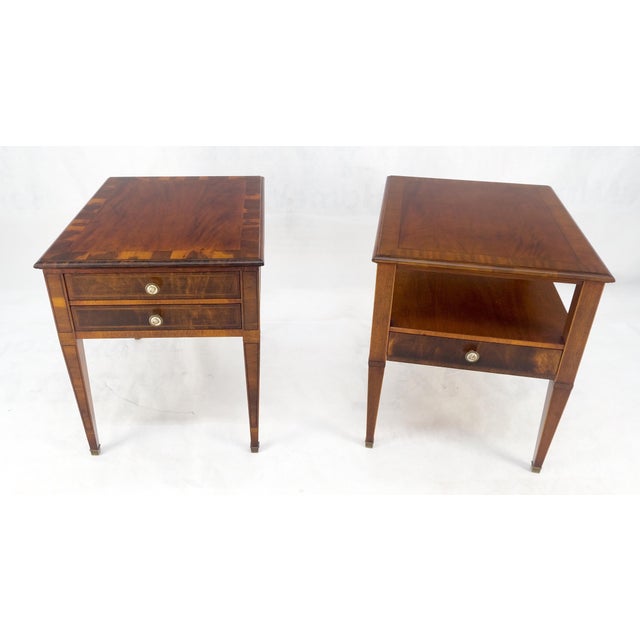 Wood Pair of Yew Wood Banded Two & One Drawer End Tables Nightstands Tapered Leg For Sale - Image 7 of 12