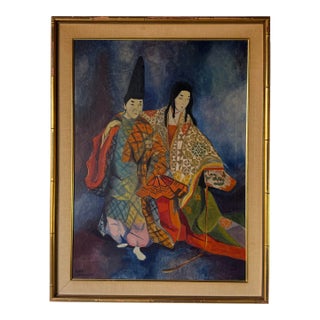 1959 Vintage Chinese Couple Oil on Canvas Board Painting by Edith Kaufman For Sale
