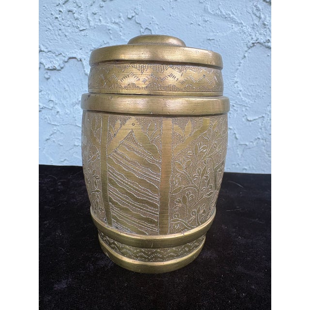 Vintage Hand-Etched Asian Brass Covered Jars – Set of 2 Decorative Canisters For Sale - Image 4 of 12