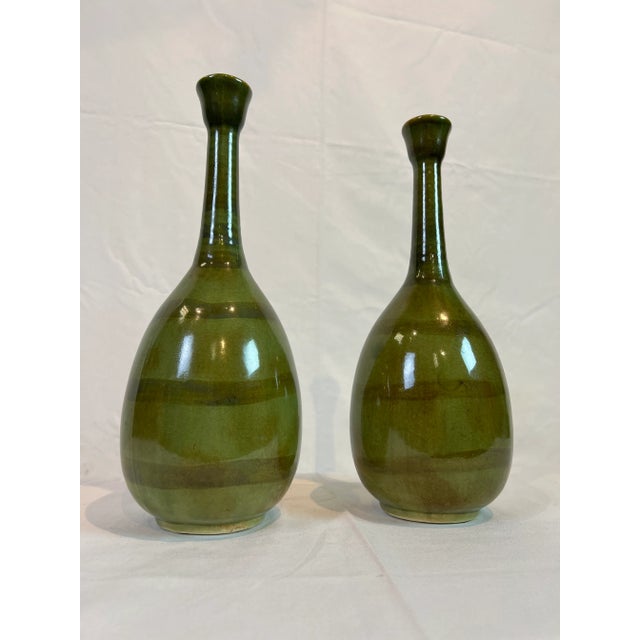 Ceramic Green Vases with Crackle Glaze and Aged Green Finish - a Pair For Sale - Image 7 of 11