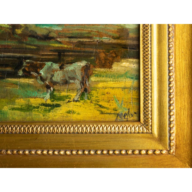 Mello Junior, Cow by River, Portugal, 20th Century, Oil on Wood, Framed For Sale - Image 4 of 7