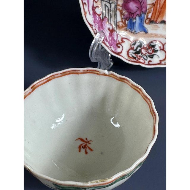Antique Chinese Canton Famille Rose Porcelain Tea Bowl and Saucer, 18th Century, Set of 2 For Sale - Image 9 of 10