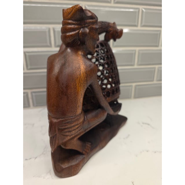 Large 8.5" Mid-Century Balinese Teak Cockfighter With Tripple-Rooster Openwork Cage Masterwork For Sale In Phoenix - Image 6 of 12
