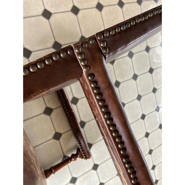 Antique High Back Carved Wood Leather Chair For Sale - Image 11 of 12