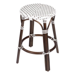 Tobias 24 in. Seat Height Round Rattan Backless Counter Stool, White/Brown Dot / Dark Brown Rattan Frame For Sale
