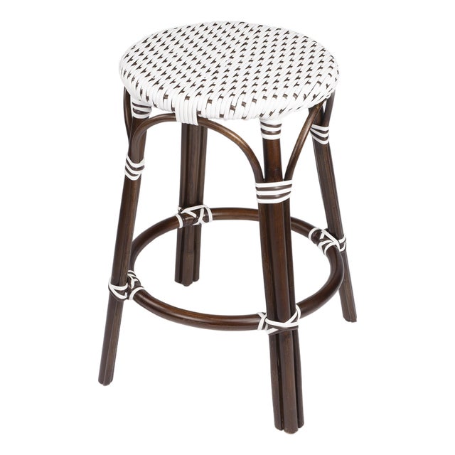 Tobias 24 in. Seat Height Round Rattan Backless Counter Stool, White/Brown Dot / Dark Brown Rattan Frame For Sale