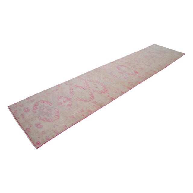 1960s Turkish Hand-Knotted Muted Runner Rug Low Pile Hallway Decor 3x12 Ft Approx For Sale - Image 6 of 16