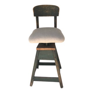 1940s Arts and Crafts Funky Green Upholstered Stool For Sale