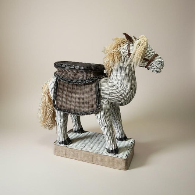 Hollywood Regency Mid-Century Wicker Horse Side Table / Garden Stool - Glass Eyes Tortoise Ears For Sale - Image 3 of 12