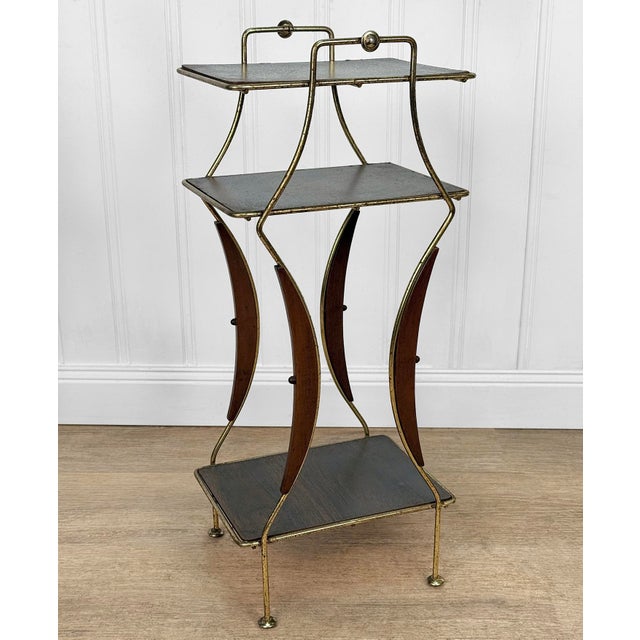 Mid-Century Modern Mid-Century Atomic Faux Walnut Gold Tiered Plant Stand For Sale - Image 3 of 10