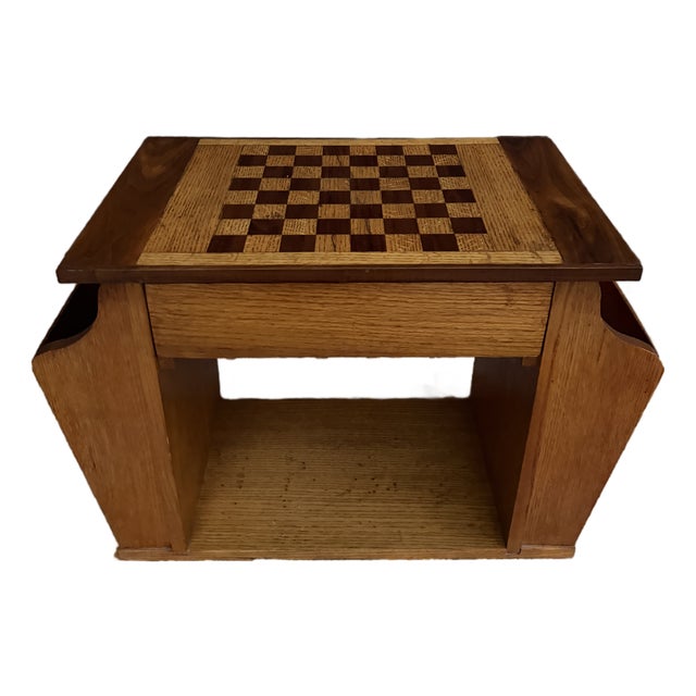 Fun MCM Oak Chess/Checkers Game Table With Magazine Racks For Sale