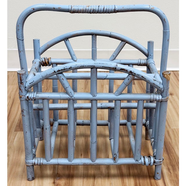 Blue Vintage Periwinkle Blue Rattan Magazine Rack For Sale - Image 8 of 12