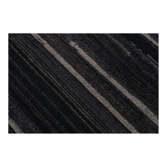 Rug & Kilim’s Modern Textural Rug in Dark Blue and Grisailles Stripes and Striae For Sale
