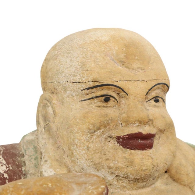 Large Laughing Buddha Wooden Polychrome Sculpture For Sale - Image 11 of 17