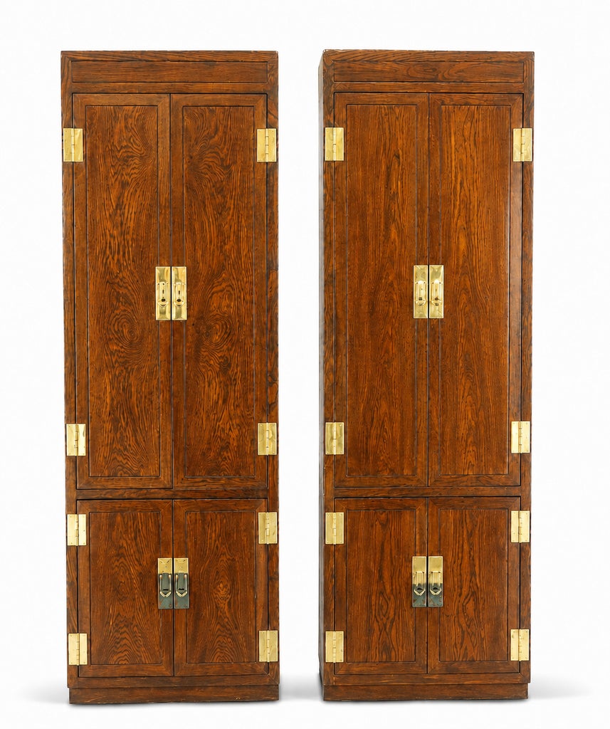 1970s Pair of Vintage Henredon Campaign-Style Wood Armoires With Brass Hardware — view 3