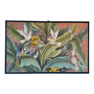 Oversize- Vintage Balinese Tropical Birds & Banana Leaf Acrylic Painting on Canvas For Sale