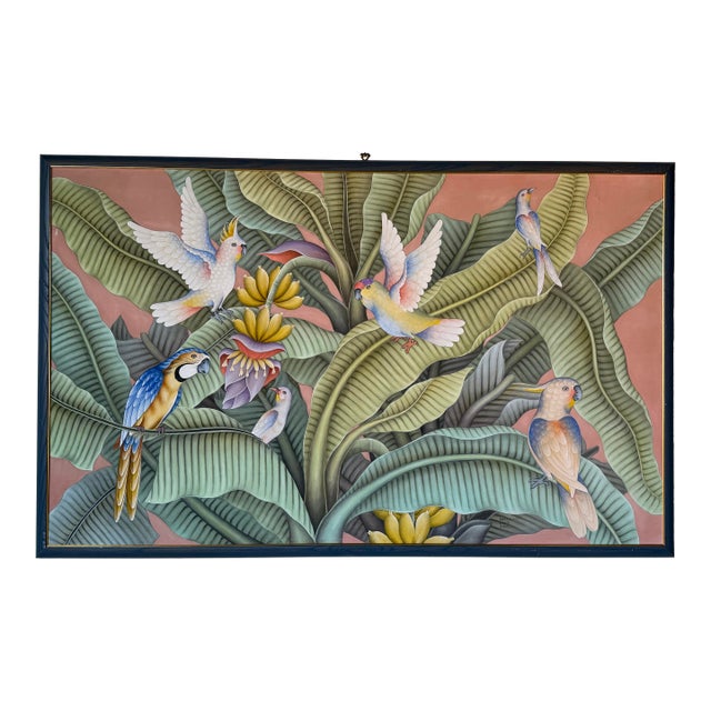Oversize- Vintage Balinese Tropical Birds & Banana Leaf Acrylic Painting on Canvas For Sale