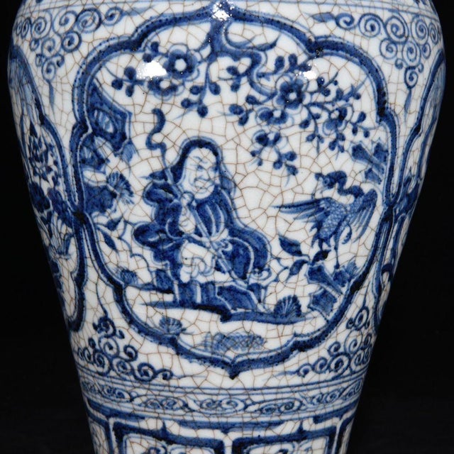 Vintage Blue and White Porcelain Meiping Vase With Figural Panels and Craquelure Glaze For Sale - Image 4 of 8