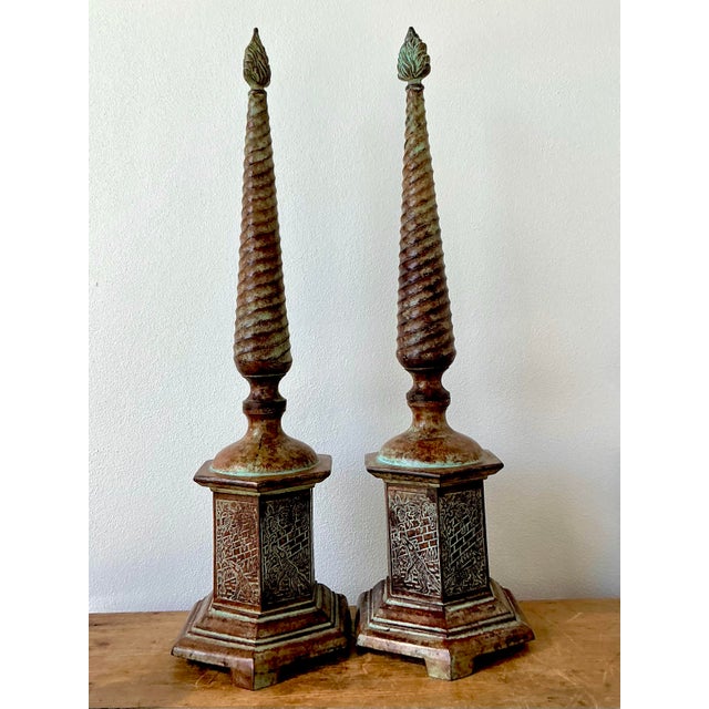 Neoclassical Vintage Boho Patinated Metal Obelisks - A Pair For Sale - Image 3 of 12