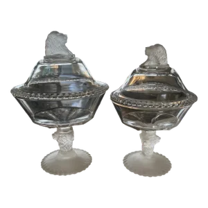 Antique Gillinder & Sons Lidded Compote With Lions a Pair
