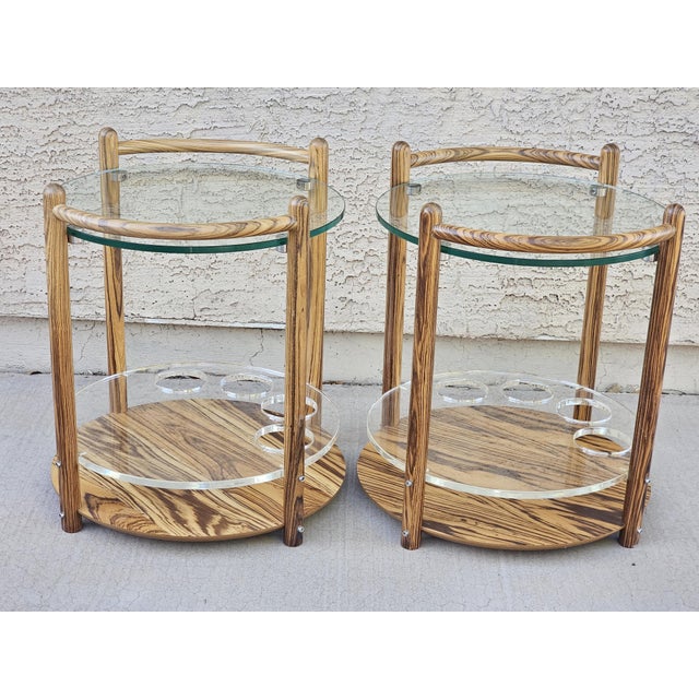 Wood Pair of 1980s Zebrawood & Glass Two-Tier Side Tables / Bar Carts For Sale - Image 7 of 9