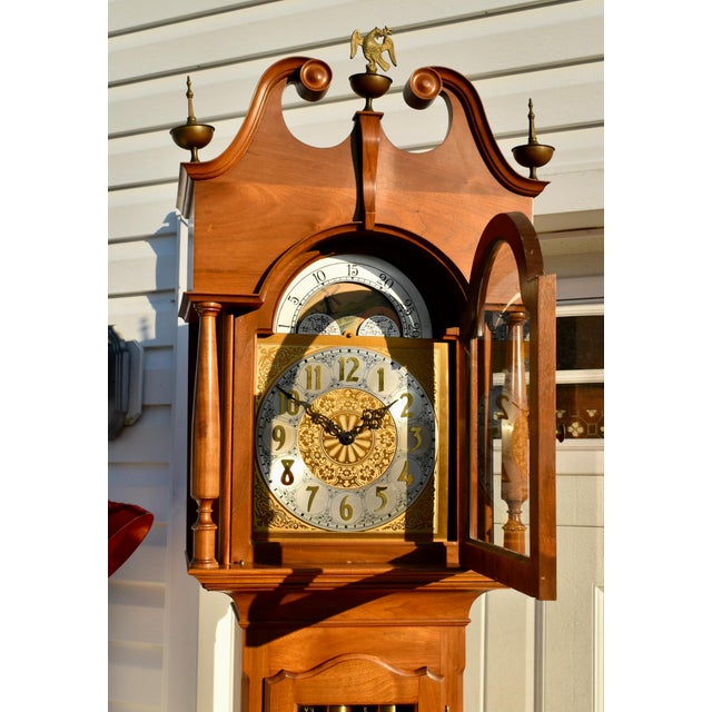 Vintage Colonial Solid Cherry Weight Driven Grandafthers Clock For Sale - Image 9 of 12