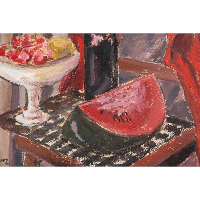 Watercolor on paper depicting a still life by Evelyne Luez, 20th century. 20th-century watercolor depicting a still life...