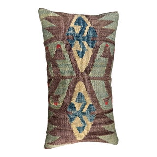Earth Tone Tribal Lumbar Pillow Made From 19th Century Handwoven Wool Ghashghai Kilim Rug For Sale
