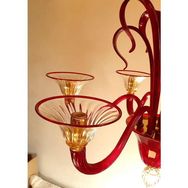 Metal 1960s Red and Gold Murano Glass Chandelier, Italy For Sale - Image 7 of 12