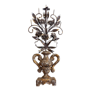 Mid 20th Century Rustic European Gilded Wood & Metal Candle Holder