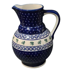 Vintage Blue & White Green Clover Made in Poland Boleslawiec Pottery Pitcher