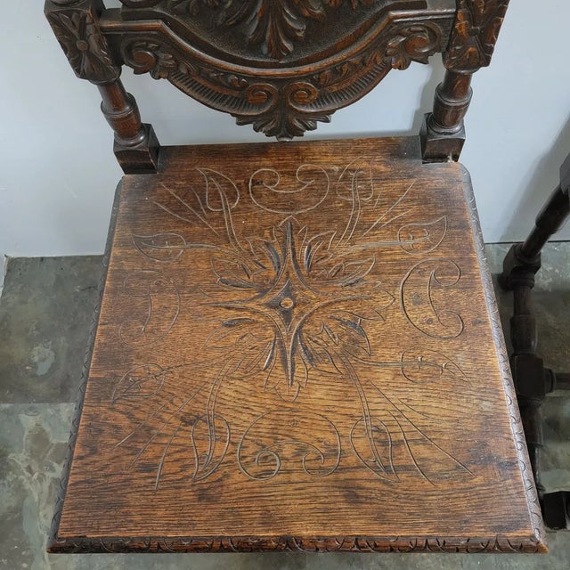Wood 19th C English Jacobean English Carved Oak Hall Chairs - a Pair For Sale - Image 7 of 11