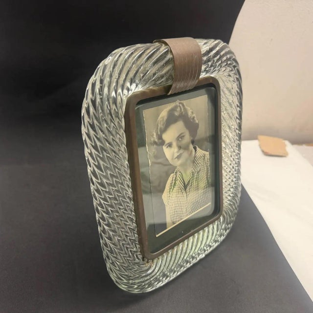 1930s Barovier Attributed Art Deco Clear Murano Glass and Brass Picture Frame For Sale - Image 13 of 13