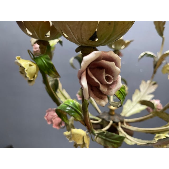 Goldenrod Italian Tole & Ceramic Floral Chandelier, 1960s For Sale - Image 8 of 18