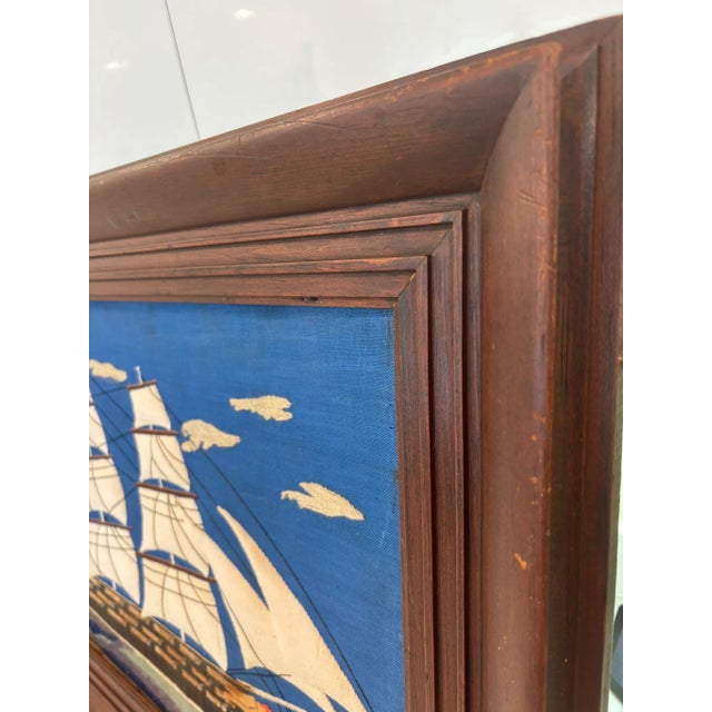 American Vintage Nautical Woolwork Clipper Ship Needlework in Solid Wood Frame For Sale - Image 3 of 15